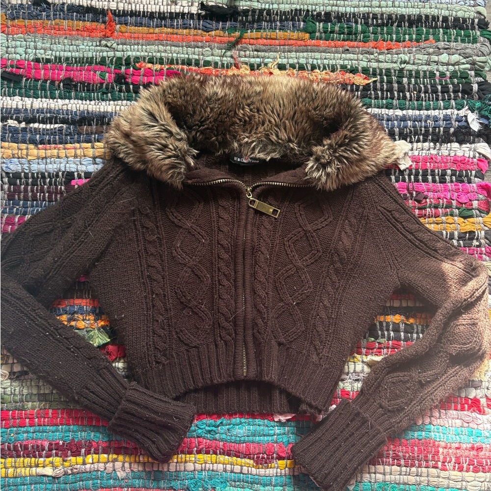 Style & Co. Chocolate Cable Knit Sweater with Faux Fur Collar